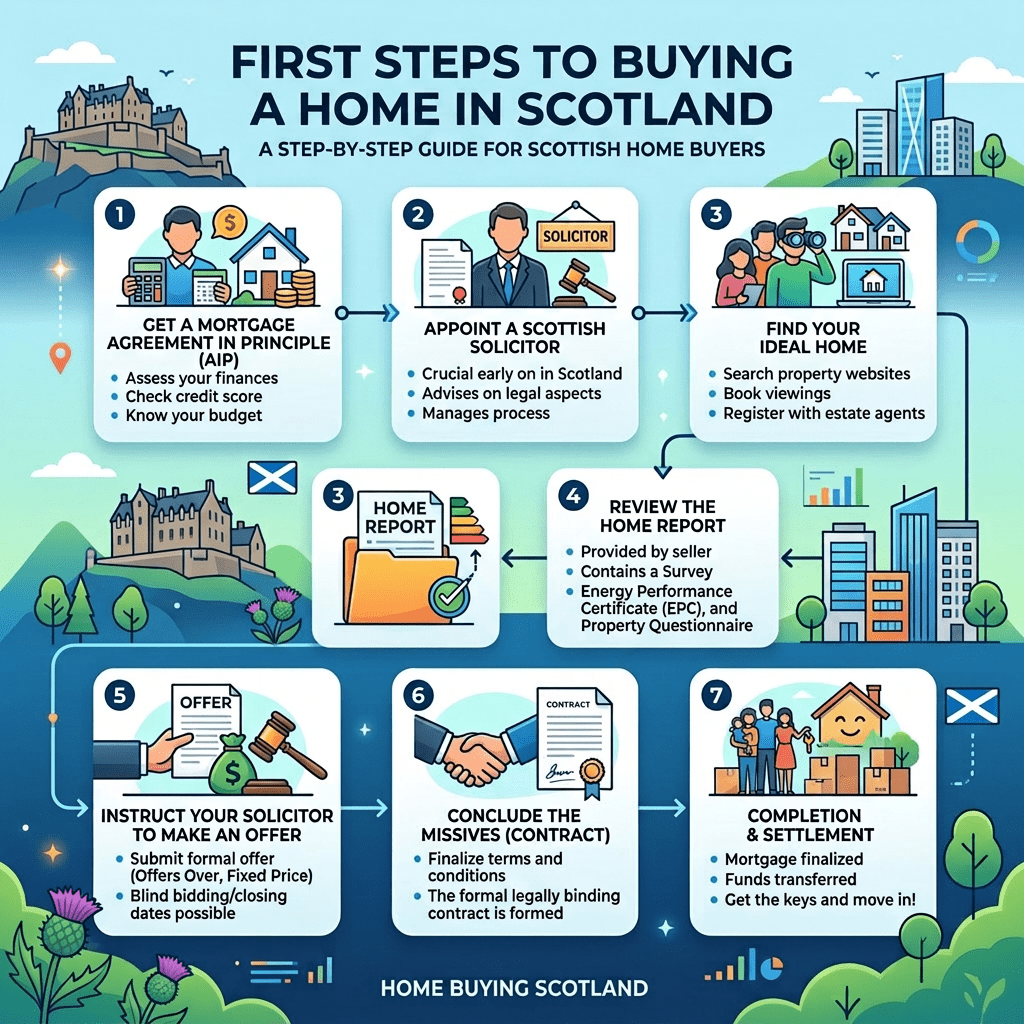 Flowchart showing seven steps to buying a home in Scotland including mortgage, solicitor, finding home, home report, making offer, contract, and settlement